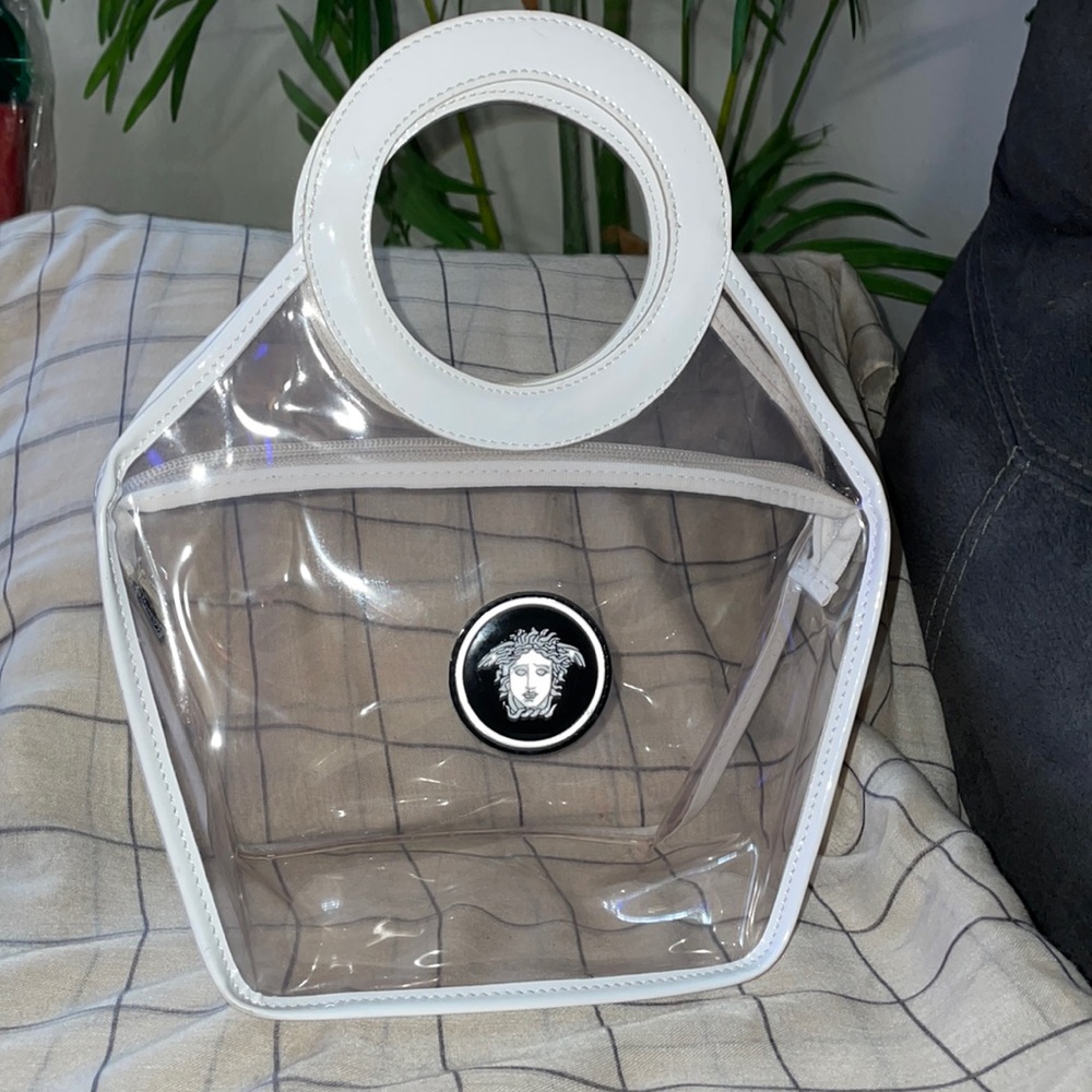 Versace Clear Tote with White Trim and Black Medusa Badge